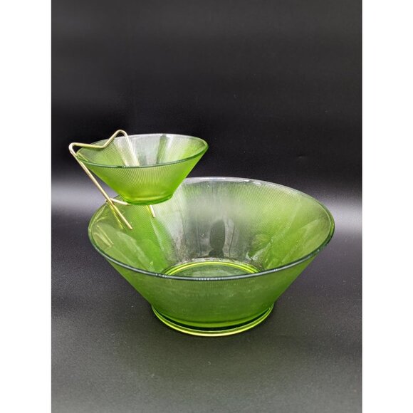 1960s MCM Norse Limelight Chip Dip Set | Federal Glass Green Mid-Century Ribbed - Picture 1 of 9